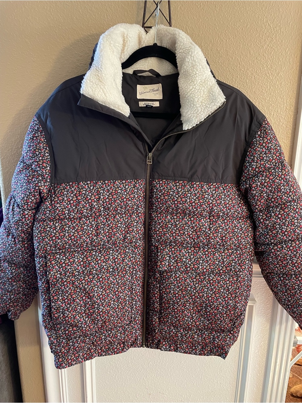 Universal Threads Fall Colors Tiny Florals Print Sherpa Collar Brown Coat XS